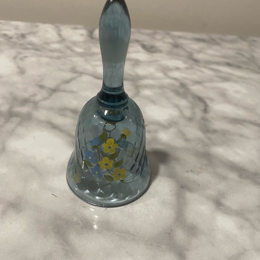 Vintage hand painted Fenton bell with blue depression glass